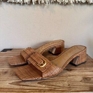 Sam Edelman Wilma Raffia Slide Cuoio Brown Open Toe Low Block Heel Sandal Size 8